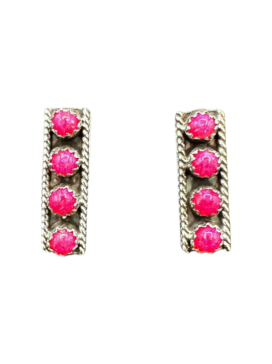 Small Rectangle Zuni Inlay Stud Earrings - Sterling Silver & Genuine Pink Fire Opal - Handmade Native American