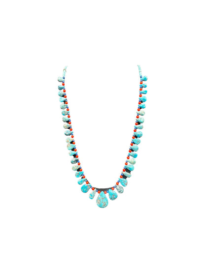 Teardrop Heishi 24" Necklace - Genuine Turquoise, Coral & Lapis Pearls  - Handmade Native American