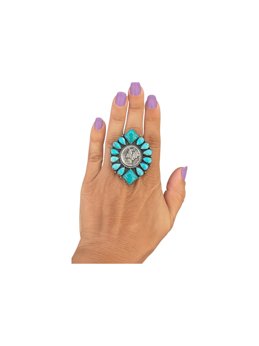 Ann Spencer - 1943 Coin & Cluster Statement Ring - Genuine Turquoise - Handmade Native Navajo