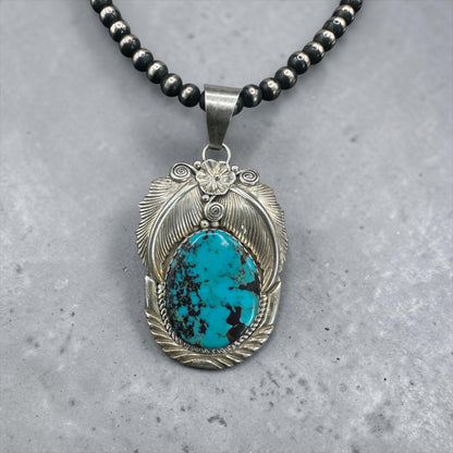 Ray Begay - Vintage Cabochon Pendant - Genuine Turquoise & Sterling Silver - Handmade Native American