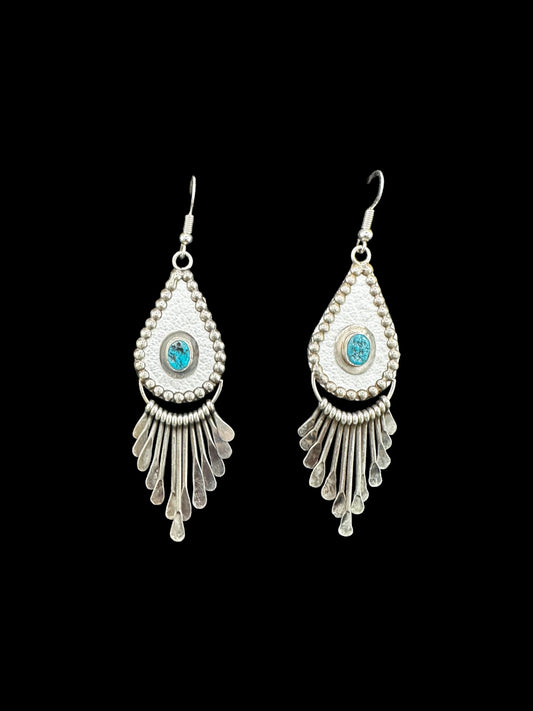 Navajo Sterling Silver & Genuine Turquoise Mandala Dangle Earrings - Handmade by Pauline Armstrong