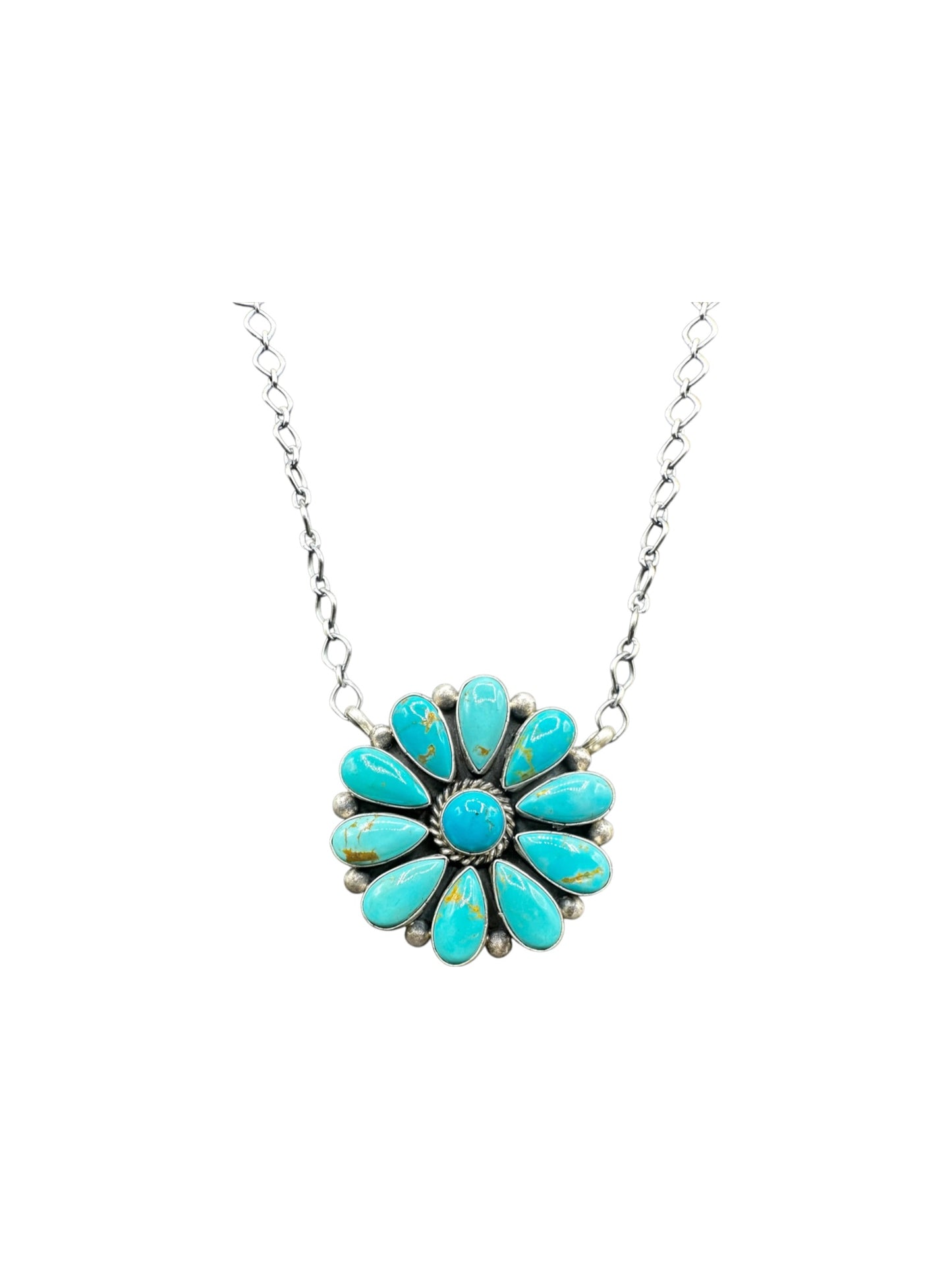 Effie Garfield Cluster Pendant w. Chain Necklace - Genuine Turquoise & Sterling Silver - Handcrafted Native American