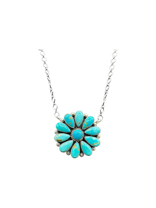 Effie Garfield Cluster Pendant w. Chain Necklace - Genuine Turquoise & Sterling Silver - Handcrafted Native American