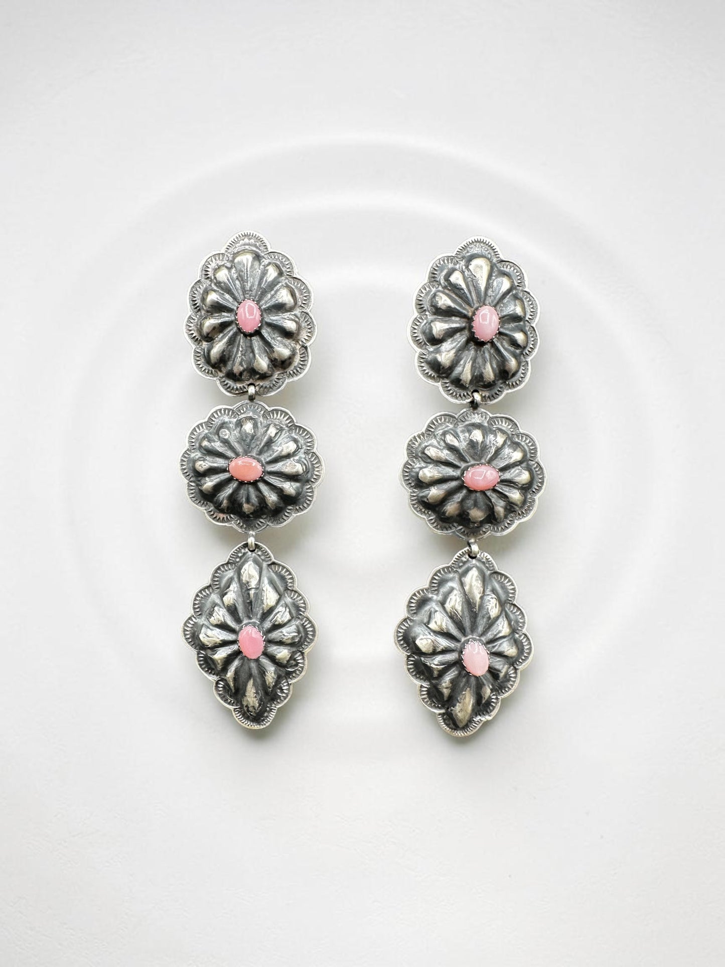 Long Large Concho Drop Earrings - Sterling Silver & Genuine Queen Pink - Handmade Native American by Rita Lee
