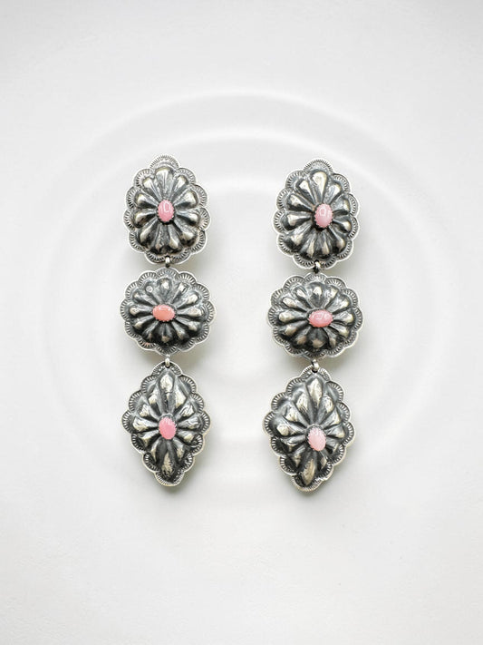 Long Large Concho Drop Earrings - Sterling Silver & Genuine Queen Pink - Handmade Native American by Rita Lee