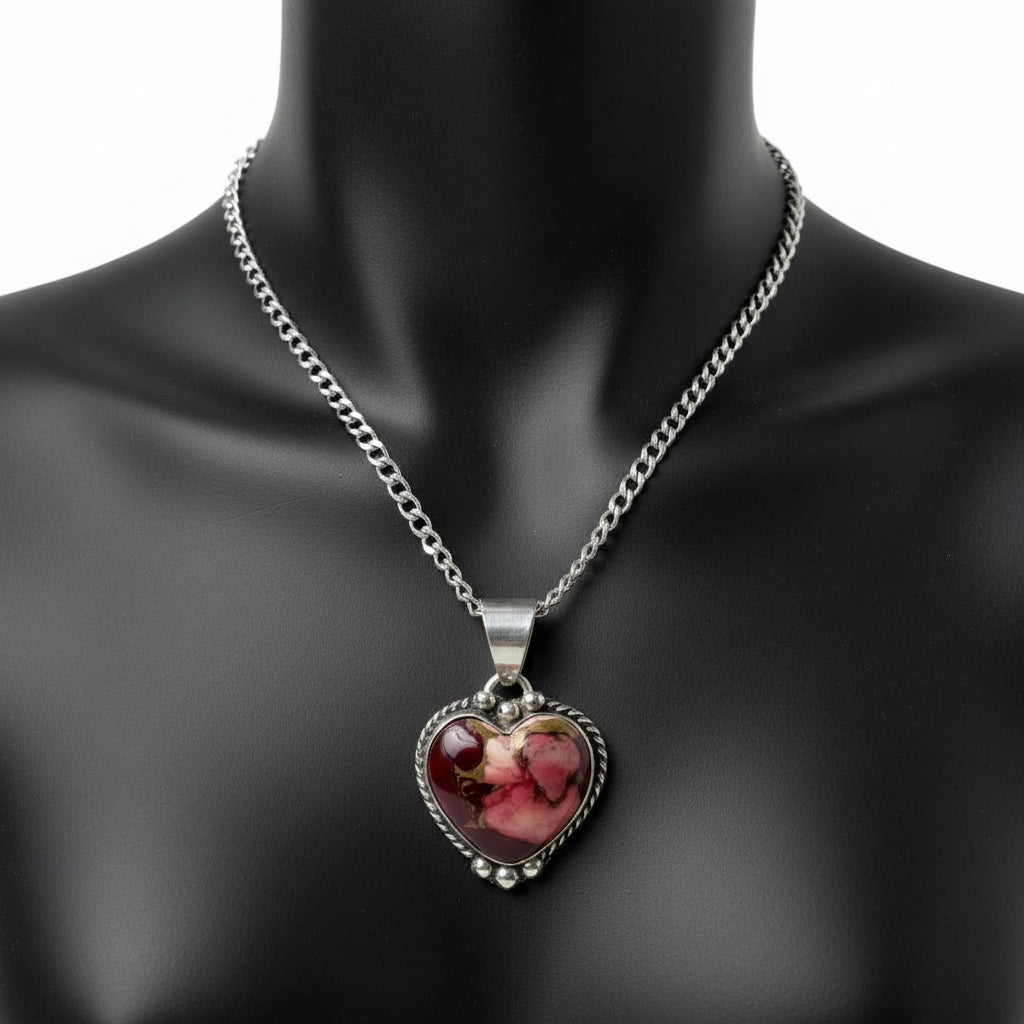 Byron Begay - Heart Pendant - Sterling Silver & Dahlia Rose Composite - Handmade Native American