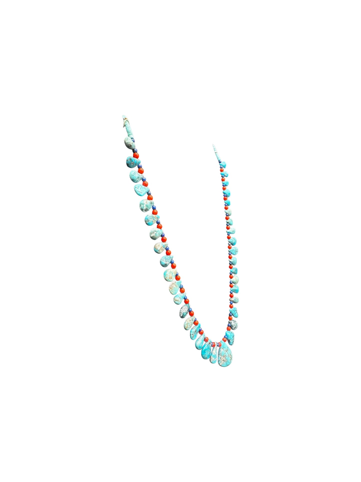 Teardrop Heishi 24" Necklace - Genuine Turquoise, Coral & Lapis Pearls  - Handmade Native American