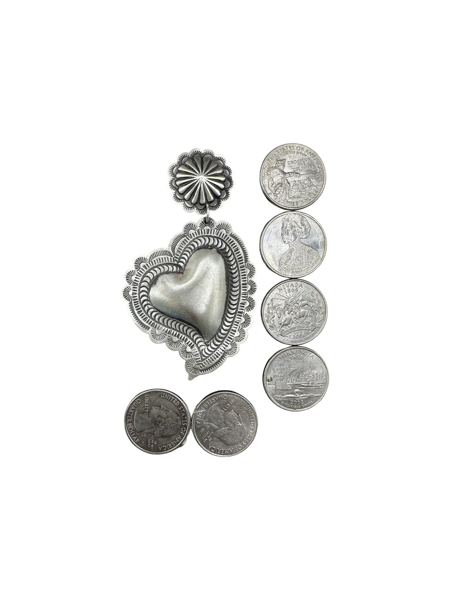 Leander Tahe - Larger Heart Concho Earrings - Sterling Silver  - Native American