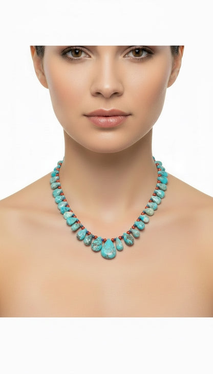 Teardrop Heishi 24" Necklace - Genuine Turquoise, Coral & Lapis Pearls  - Handmade Native American