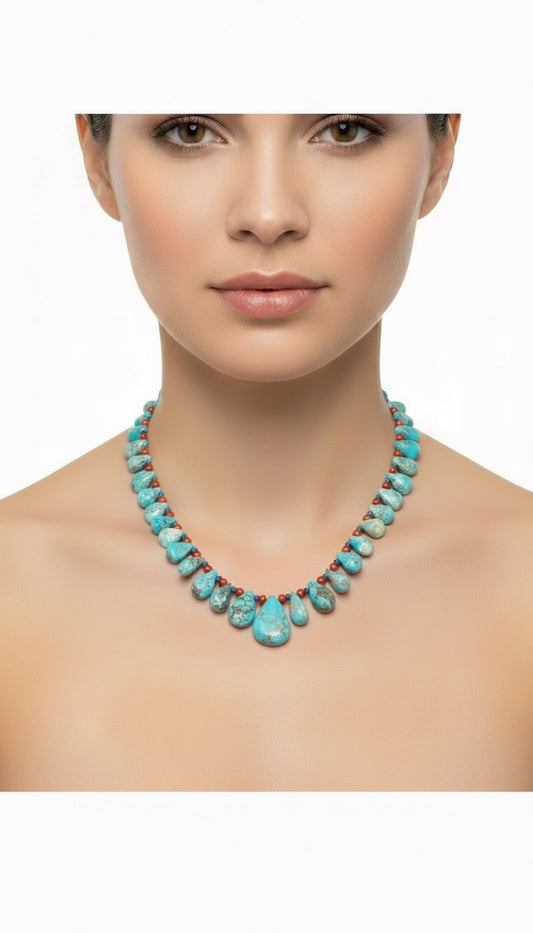 Teardrop Heishi 24" Necklace - Genuine Turquoise, Coral & Lapis Pearls  - Handmade Native American