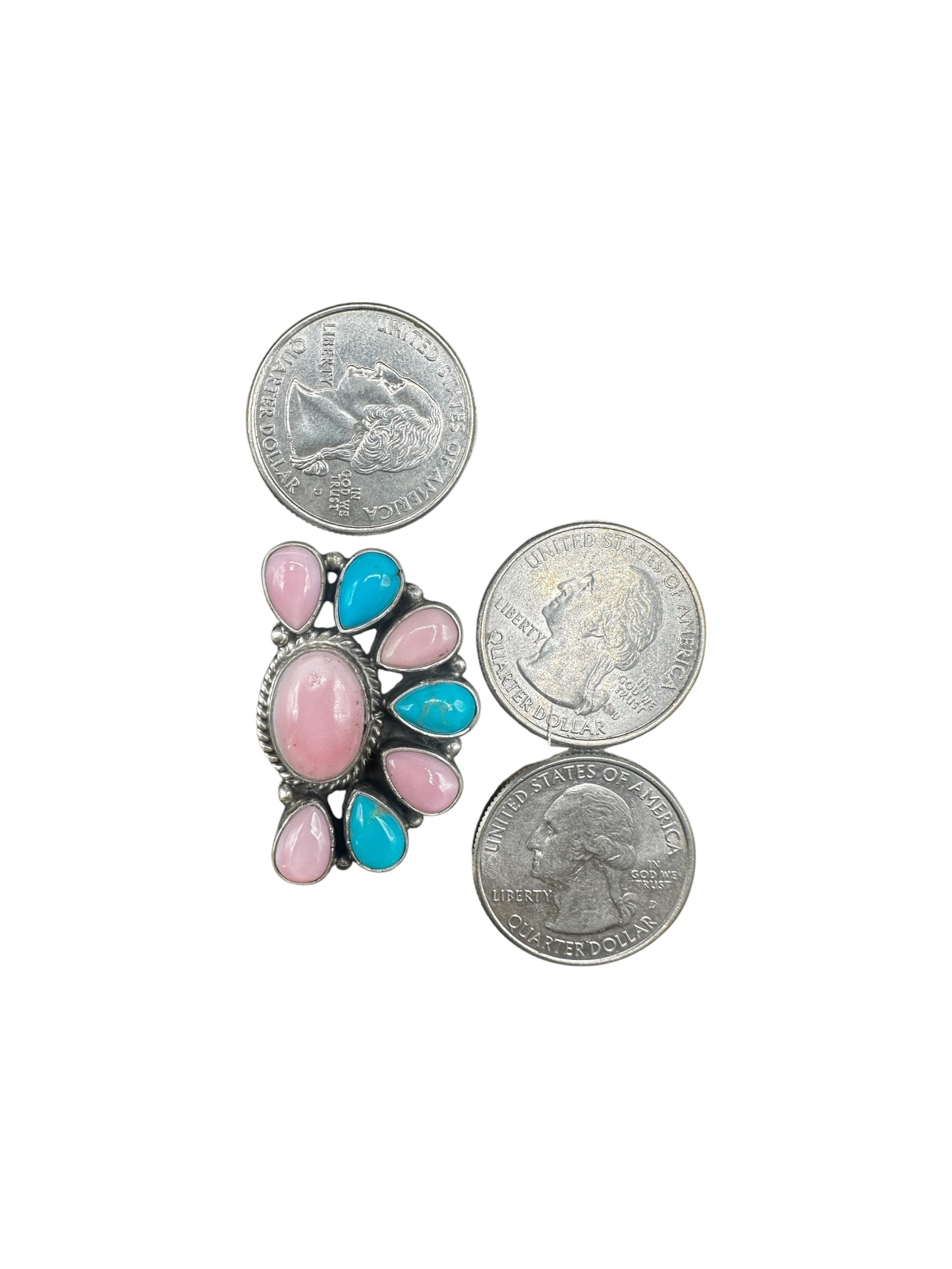 Large Quarter Cluster Stud Earrings – Sterling Silver,  Genuine Turquoise and Queen Pink Conch -  Native American Handmade by Marcella James