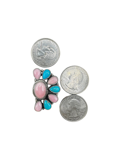 Large Quarter Cluster Stud Earrings – Sterling Silver,  Genuine Turquoise and Queen Pink Conch -  Native American Handmade by Marcella James