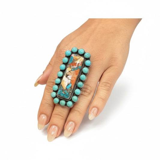 Patricia Yazzie - Statement Crawler Cabochon Ring - Sterling Silver & Genuine Turquoise - Handmade Native American