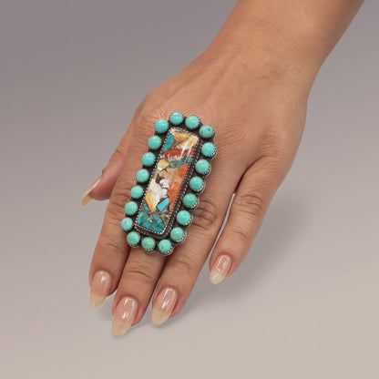 Patricia Yazzie - Statement Crawler Cabochon Ring - Sterling Silver & Genuine Turquoise - Handmade Native American