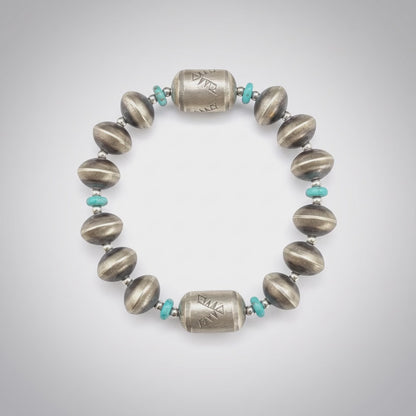 Sharon Cooley - Handmade Pearls & Barrel Bead Stretch Bracelet - Sterling Silver & Turquoise - Handmade Native American