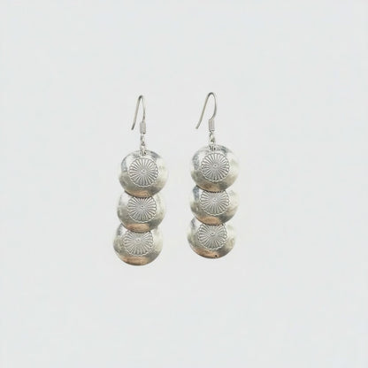 Medium Hook Dangle Earrings – Triple Disc Saucer Pearls -  Authentic Native American Handmade - American Sterling Silver - Made in USA