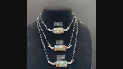 Spiny Oyster Turquoise and Sterling Silver Longhorn Bar Necklace - Handcrafted Native American
