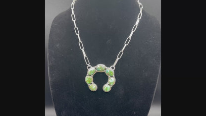 Naja - Crescent Shaped Sonoran Turquoise Pendant with Single Strand Paper Clip Chain Necklace - Handcrafted Native American