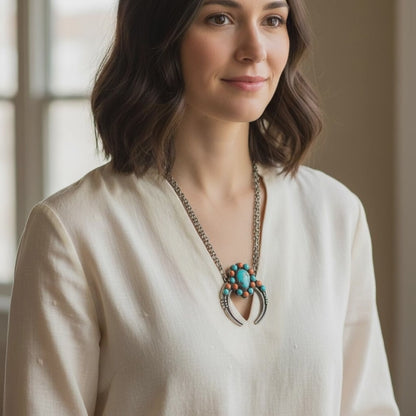 Robert Kelly - Crescent Shaped Pendant & Necklace - Turquoise & Spiny Oyster - Handmade Native American