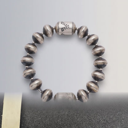 Sharon Cooley - Handmade Pearls & Barrel Bead Stretch Bracelet - Sterling Silver - Handmade Native American