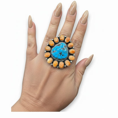 Thomas Francisco - Turquoise Cabochon and Spiny Oyster Cluster Ring - Handmade Native Navajo