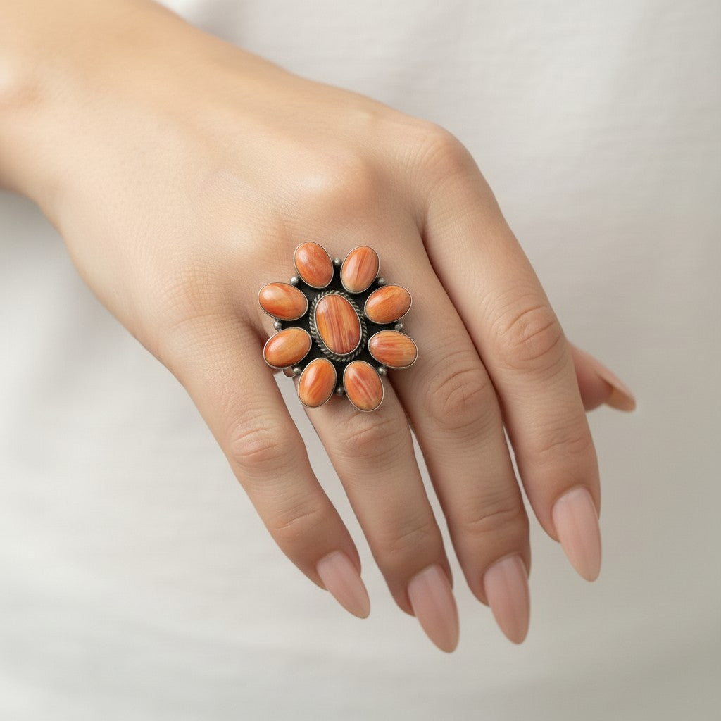 Tom Sam - Spiny Oyster Cluster Ring - Handmade Navajo Native American