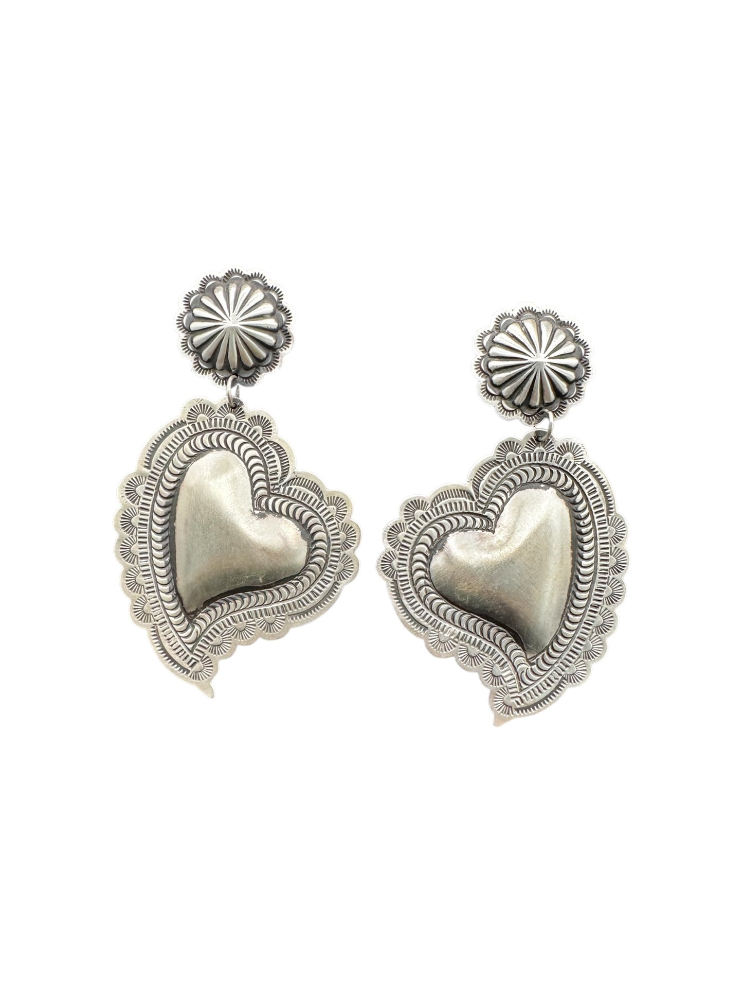 Leander Tahe - Larger Heart Concho Earrings - Sterling Silver  - Native American