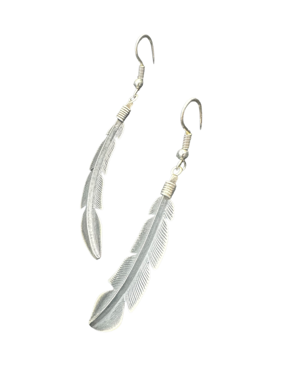 Billy Long Feather Dangle Earrings- Sterling Silver - Handmade Native American