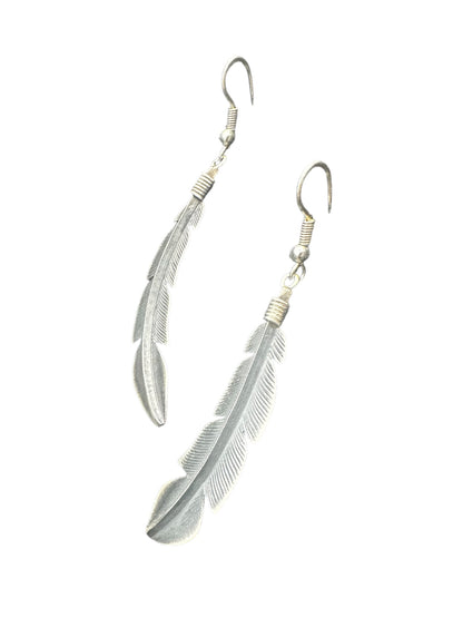 Billy Long Feather Dangle Earrings- Sterling Silver - Handmade Native American