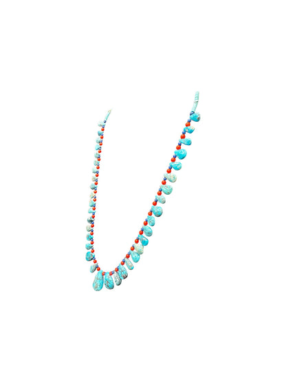 Teardrop Heishi 24" Necklace - Genuine Turquoise, Coral & Lapis Pearls  - Handmade Native American