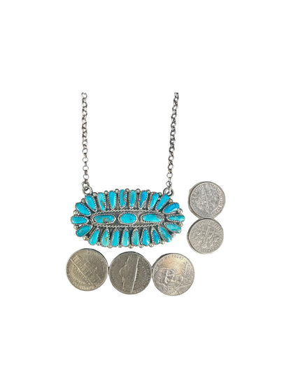 Justin Wilson - Zuni Bar Pendant w. Chain Necklace - Genuine Turquoise & Sterling Silver - Handcrafted Native American