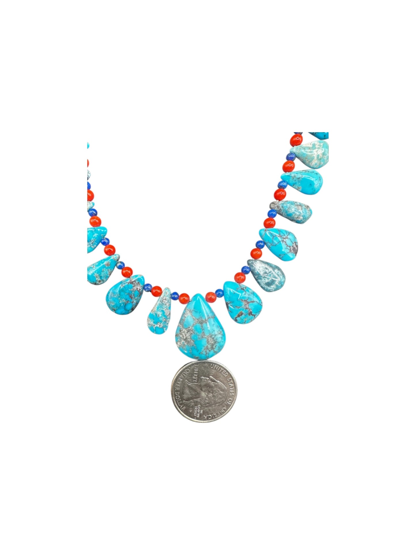Teardrop Heishi 24" Necklace - Genuine Turquoise, Coral & Lapis Pearls  - Handmade Native American