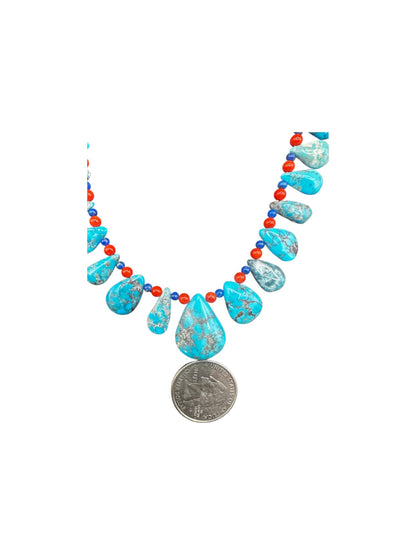 Teardrop Heishi 24" Necklace - Genuine Turquoise, Coral & Lapis Pearls  - Handmade Native American