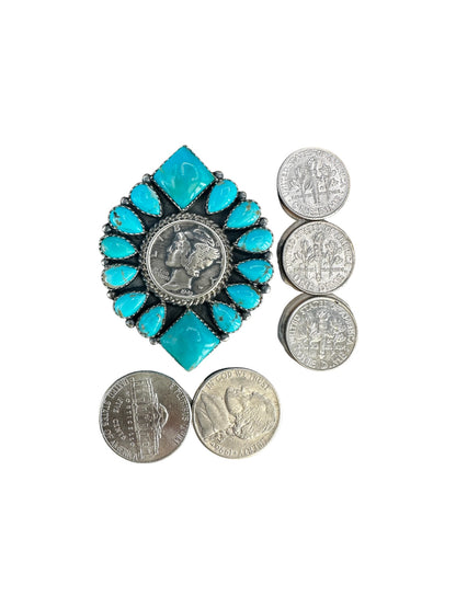 Ann Spencer - 1943 Coin & Cluster Statement Ring - Genuine Turquoise - Handmade Native Navajo