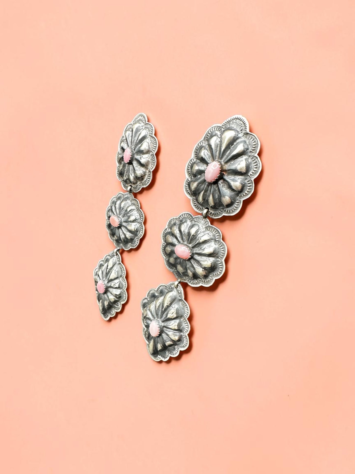 Long Large Concho Drop Earrings - Sterling Silver & Genuine Queen Pink - Handmade Native American by Rita Lee
