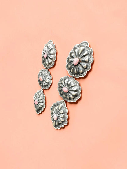 Long Large Concho Drop Earrings - Sterling Silver & Genuine Queen Pink - Handmade Native American by Rita Lee
