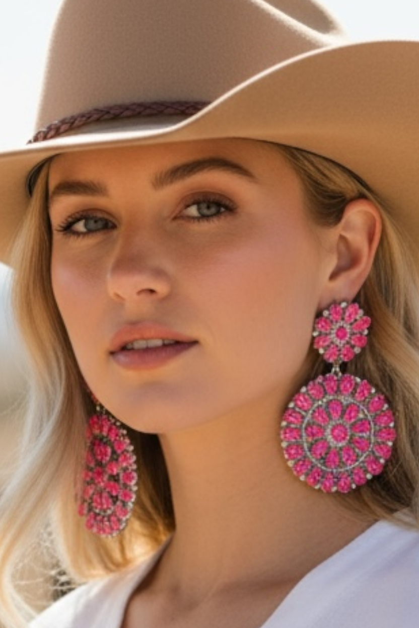Cluster - Pink Opal/Turquoise  & Sterling Silver - Drop Earrings - DLW - Handcrafted Native American