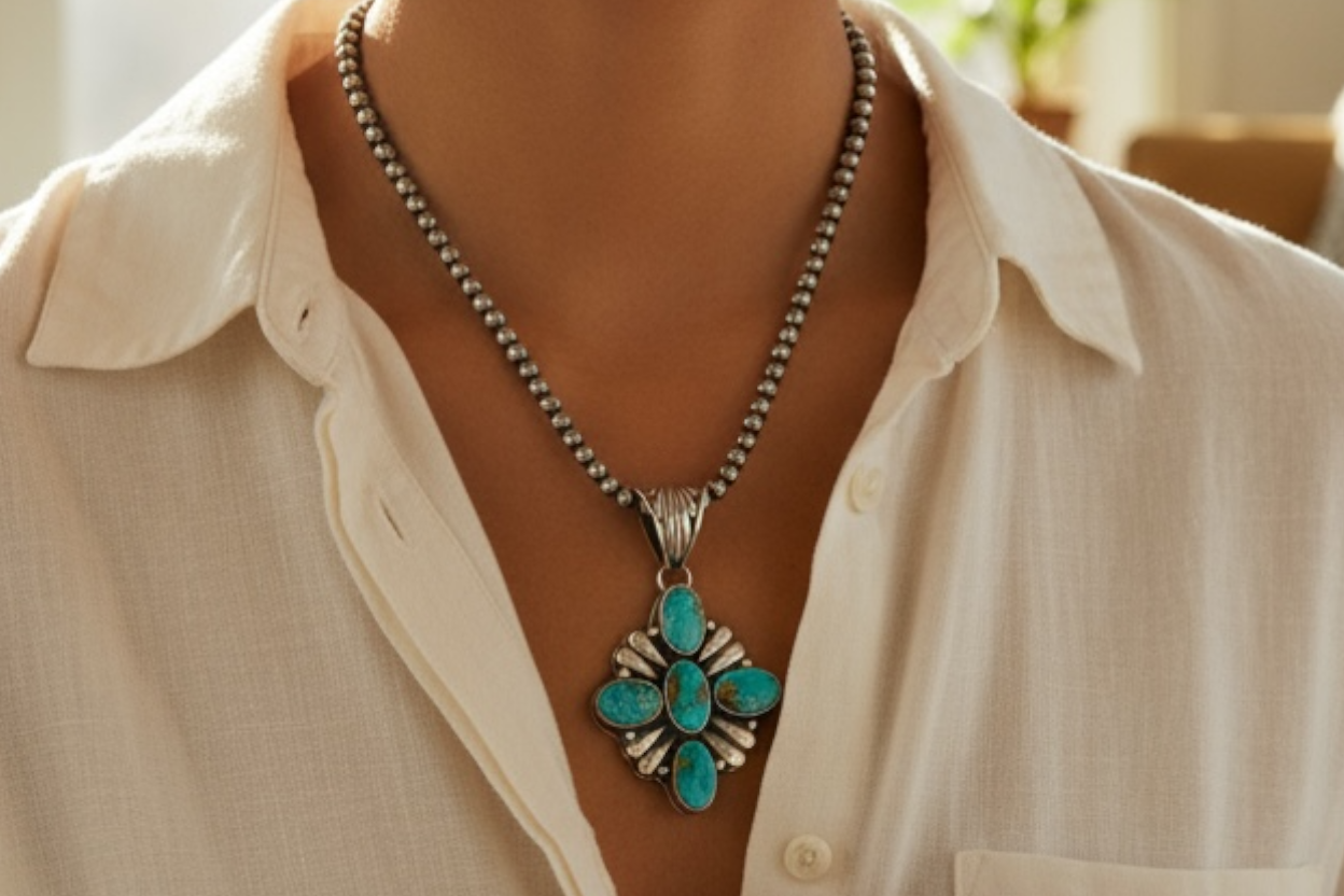 Pat Yazzie - Cluster Pendant - Turquoise and Sterling Silver - Handcrafted Native American