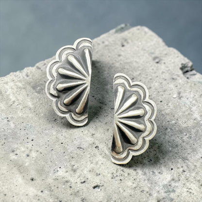 Leander Tahe - Sterling Silver Half Concho Medium Stud  Earrings - Native American