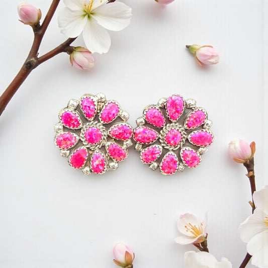 Cluster - Pink Opal and Sterling Silver - Stud Earrings - DLW  - Handcrafted Native American