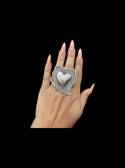 Large Heart Ring Adjustable Ring - Sterling Silver - Handmade Native American by Leander Tahe
