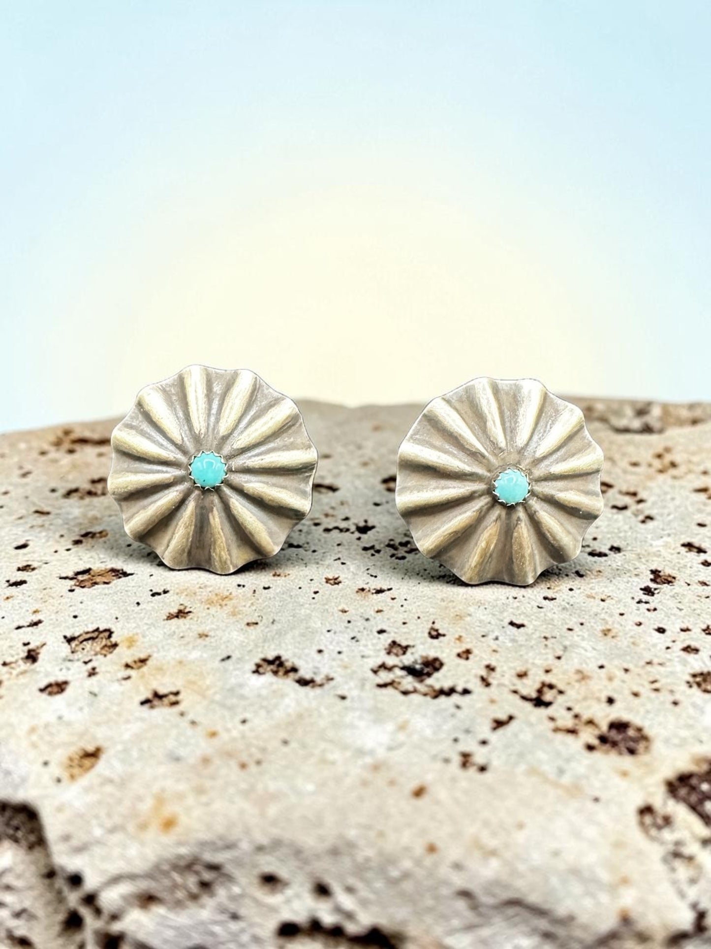 Medium Concho Stud  Earrings - Sterling Silver & Genuine Kingman Turquoise - Handmade Artisan Collection
