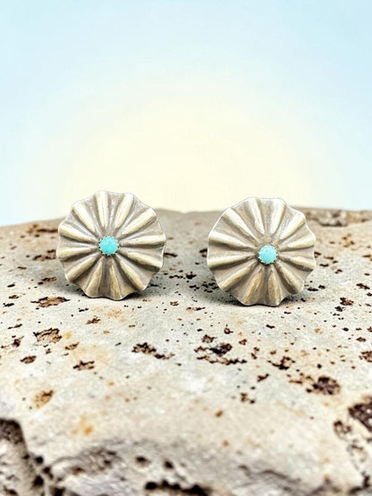 Medium Concho Stud  Earrings - Sterling Silver & Genuine Kingman Turquoise - Handmade Artisan Collection