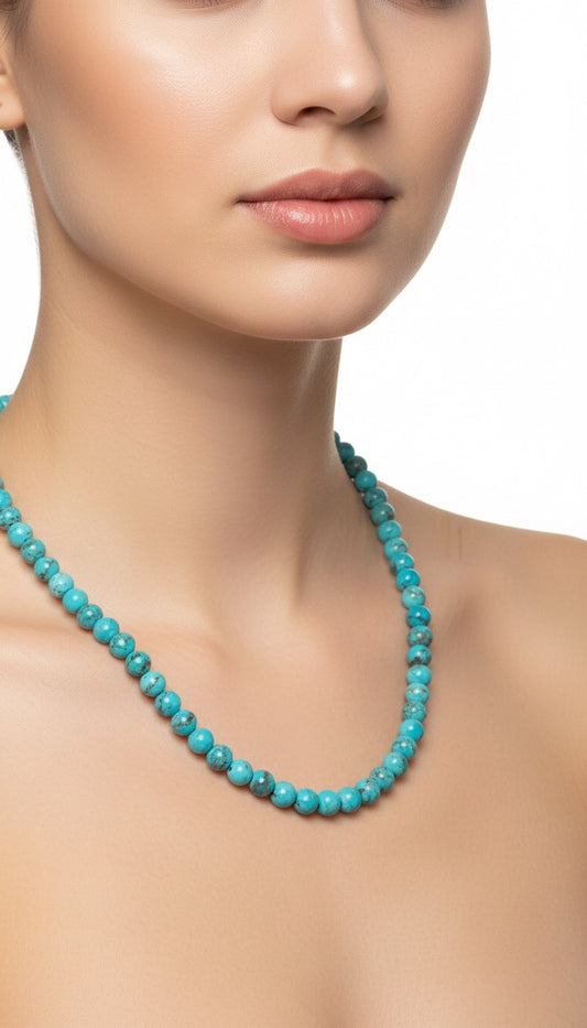 6MM Kingman Blue Turquoise Pearl Necklace -  Hand Strung Artisan Collection