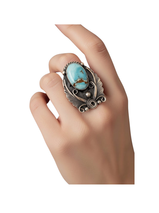 Jimmy Lee - Medium Adjustable Cabochon Ring - Sterling Silver & Golden Hills Turquoise - Handmade Native American