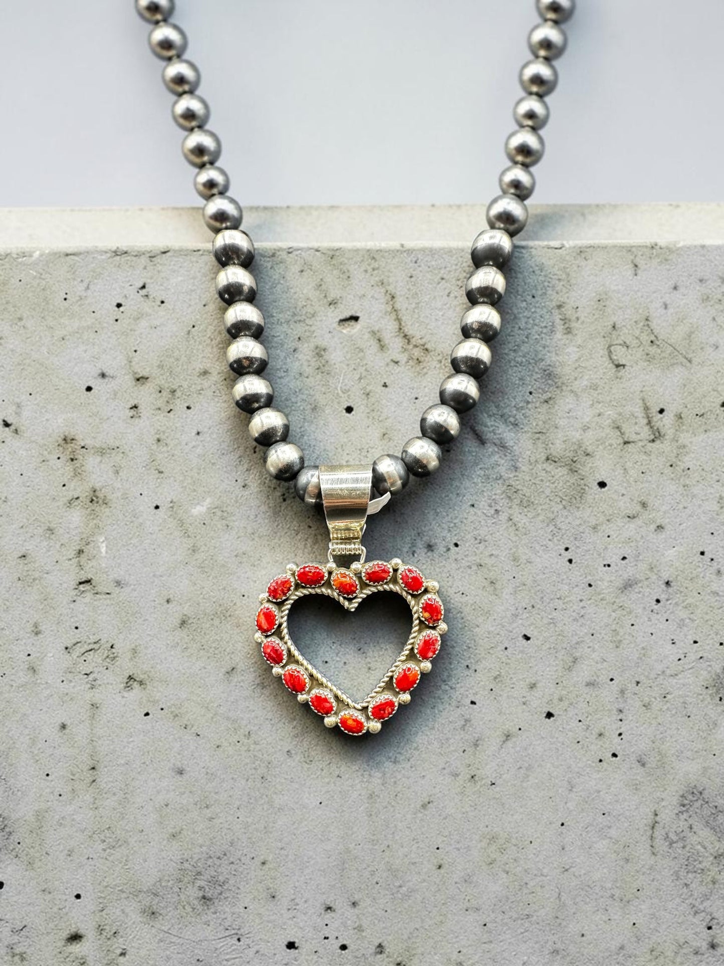 Medium Heart Pendant - Sterling Silver & Genuine Spiny Oyster - Handmade Native American - Tiffany Jones